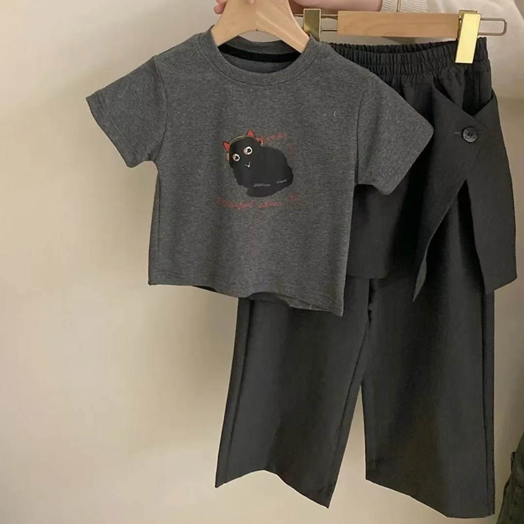 2025 Summer New Girls Clothing Set Cartoon Cat Print T-shirt+Straight Through Pants 2Pcs Suit For 2-8 Years Kids Casual Outfit