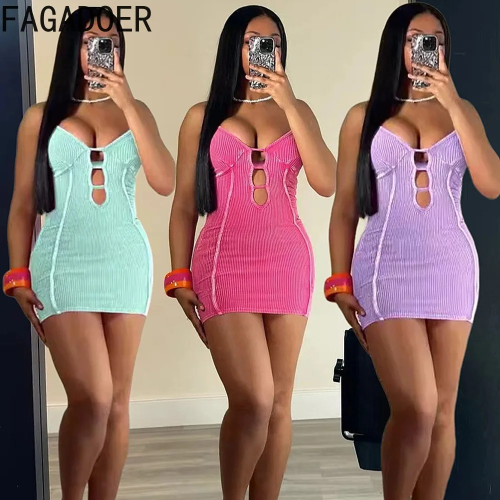 

FAGADOER Sexy Ribber Hollow Out Bodycon Suspenders Mini Dress Women Thin Strap Backless V Neck Slim Vestidos Fashion Streetwear