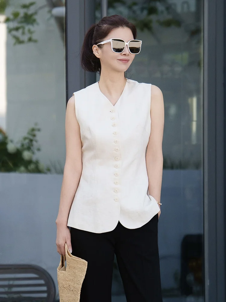 

VESSI Intellectual Style Han Han Hemp Single Button Waist Cinched Vest And Skirt Set Women's Fashion Summer Outfit High Waist