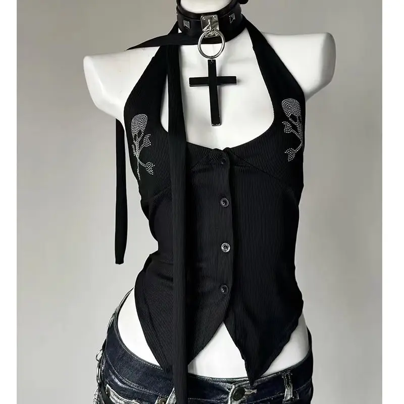 Onalippa Fashion 2025 Millennium Spicy Girl Abi Y2K Skull Tank Top Summer Hanging Neck Strap Gothic Spicy Girl Backless Top