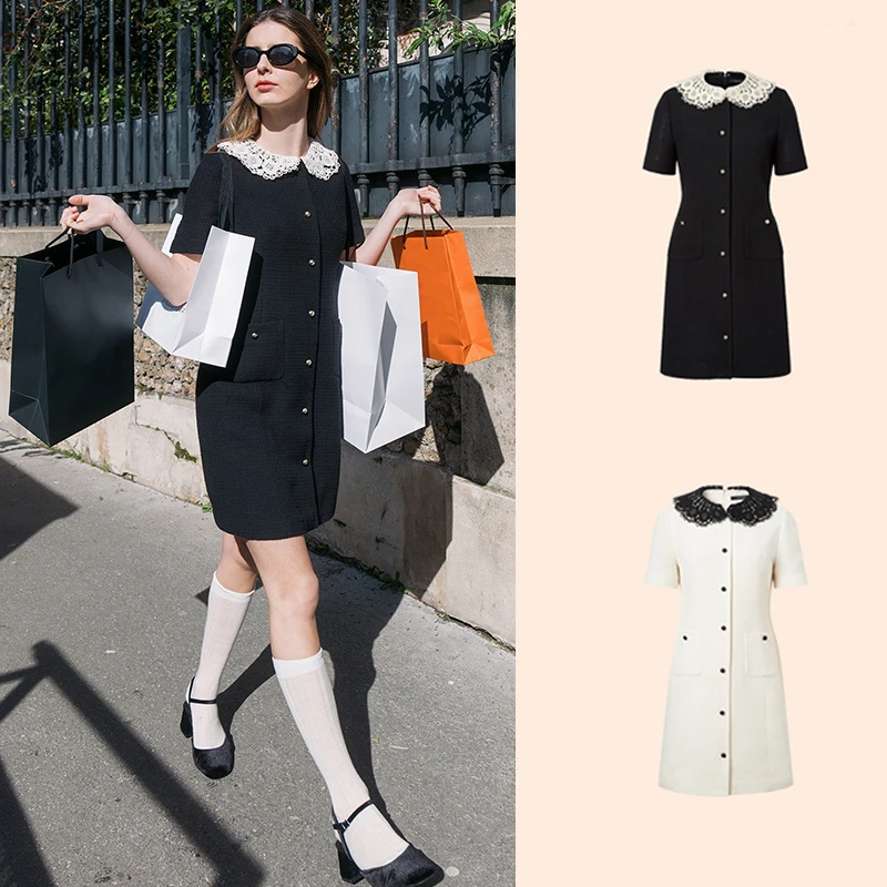 

Элегантное платье с кружевной отделкой, коротким рукавом, съемным воротником, из грубой ткани, стройнящее, А-силуэт, H-образное, на молнии, весна-лето