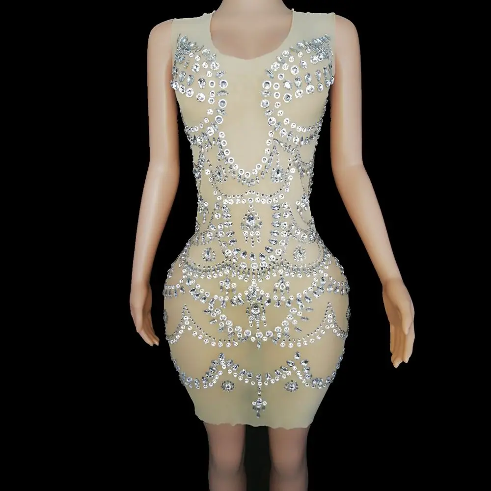 

Sexy Mesh Transparent Evening Celebrate Birthday Dress Sparkly Rhinestones Summer Sleeveless Short Bodycon Dress Party Outfit