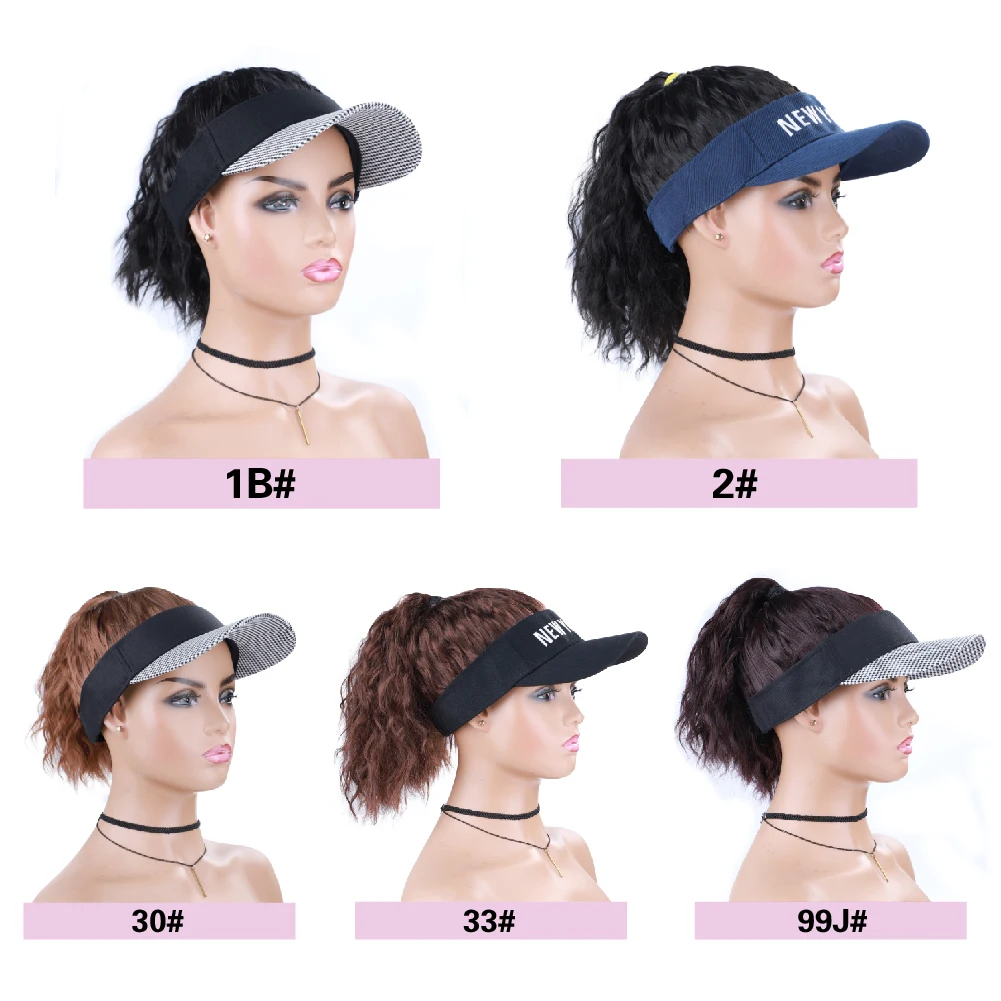 Blice Synthetic Kinky Curly Hair Ponytail Extensions Wigs Travel Beach Shade Baseball Cap All-in-one Easy to Wear Hat Brown Wavy