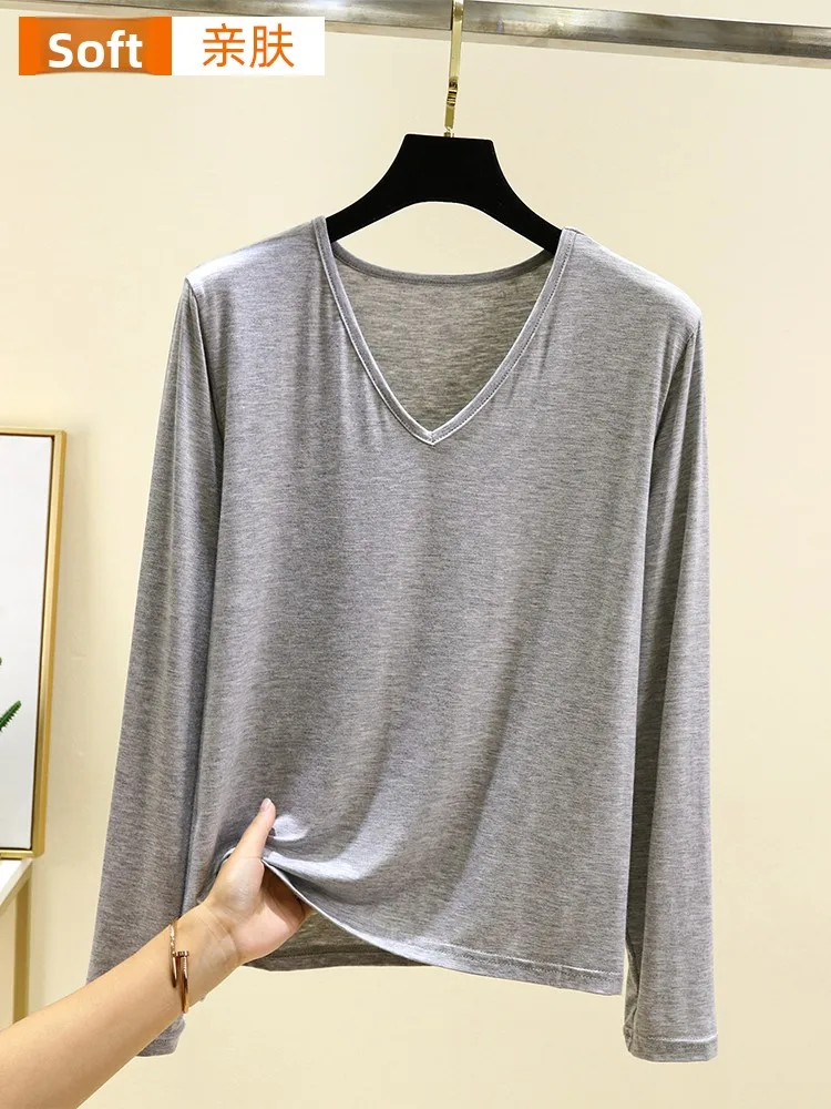 Modal longo sve camiseta feminina fina casual v-ne topo plus size emagrecimento base simples irt para o outono uso diário