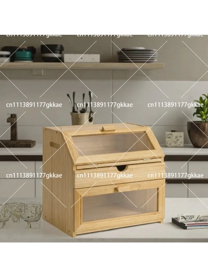 Bamboo Bread Box with View Window, Corner Storage with Built-in Knife and Board Organizer for Kitchen Counter