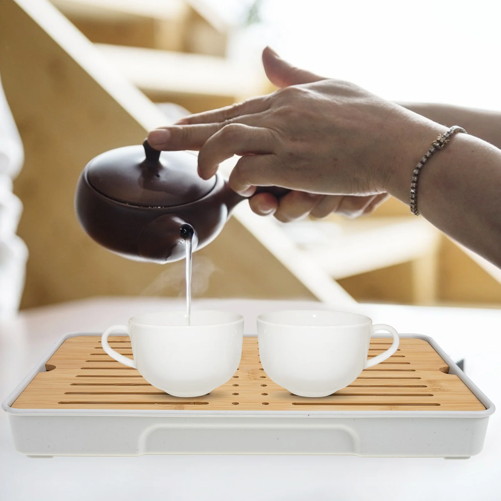 

Water Storage Tea Tray Bamboo Material Easy Cleaning Home Kitchen Japanese Style Serving Tray Rectangular Tea Set Holder
