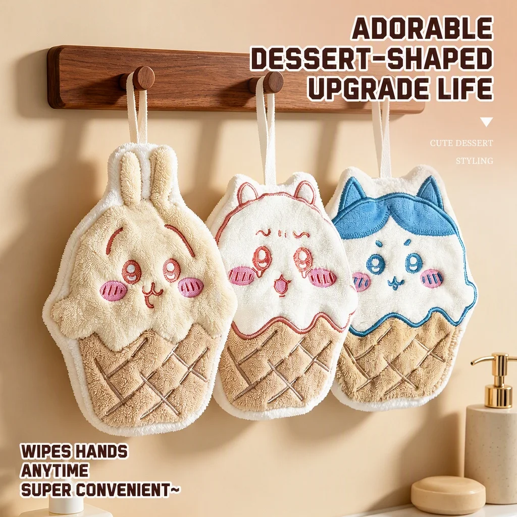 1/3PCS Cute Ice‑Cream Hanging Hand Towel Fleece Cartoon Quick‑Dry Wipe Cloth Kitchen Bathroom Decorative Cleaning Towel For Home