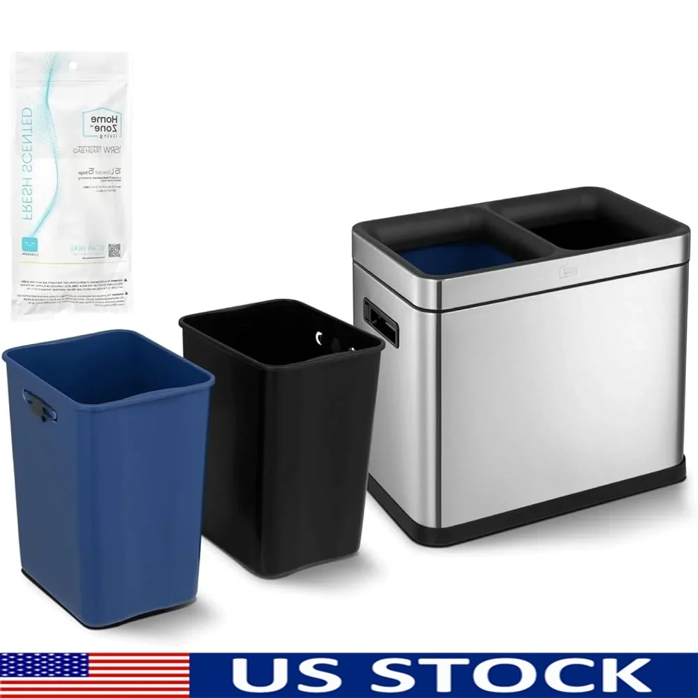 

8 Gallon Stainless Steel Open Top Trash Can Dual Compartment Removable Liners Recycling Indoor Use Slim Shape Smudge Resistant
