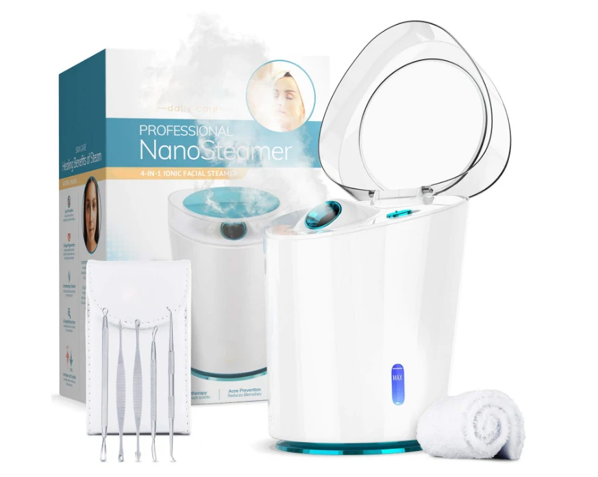 Professionale 4 in 1 nano ion Facial Steam Engine Spa - 30 minuti steam time - Blackhead - 5 pezzi kit pelle in acciaio inossidabile