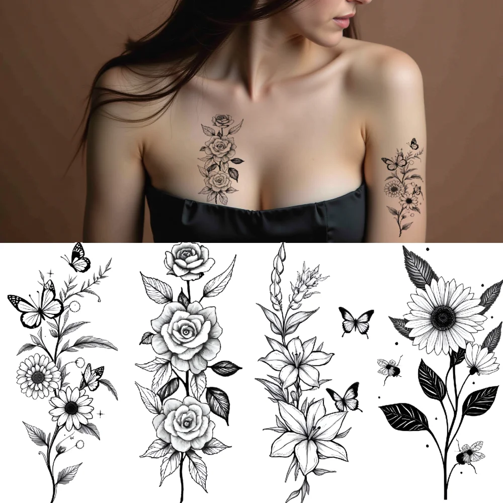 

12pcs Temporary Tattoo Floral Art Tattoo Pattern Waterproof Long-lasting Body Stickers For Thighs Ladies Adults