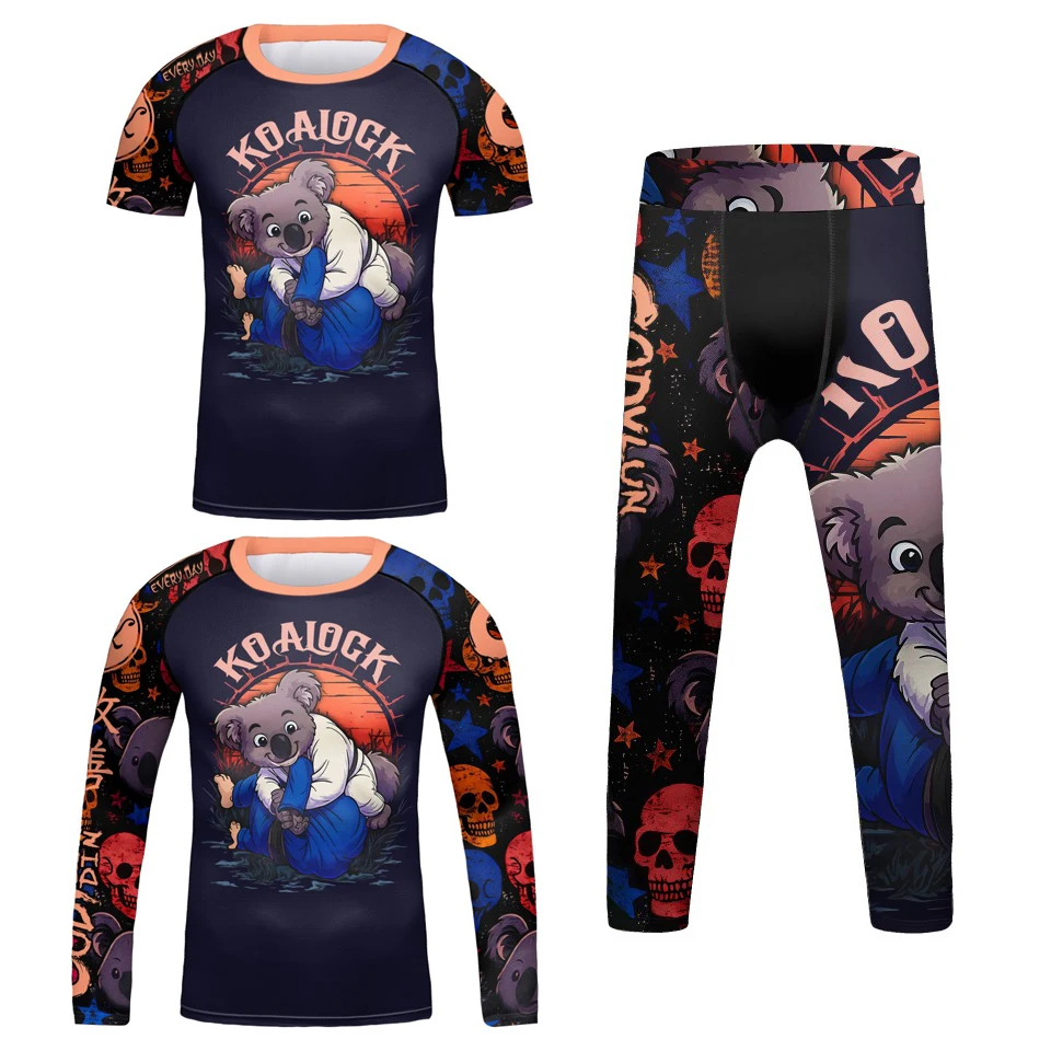 

New Kid Skull MMA Rash guard T-shirt+Pant Set Jiu Jitsu Bjj Gi Boxing Grappling Muay Thai Shorts Boy Rashguard Jerseys Sportsuit