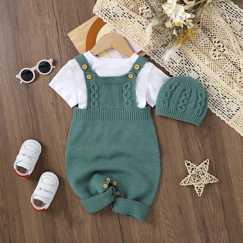 Baby Romper Set Solid Knit Toddler Kid Sling Clothes Hat 0-18M Overalls Playsuit 2PC Infant Girl Newborn Boy Jumpsuit Sleeveless