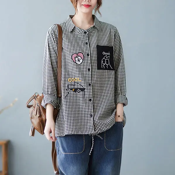 Women\'s Spring and Autumn New Style Checkered Shirt Loose and Slimming Artistic Retro Long Sleeved Lapel Versatile Casual Top