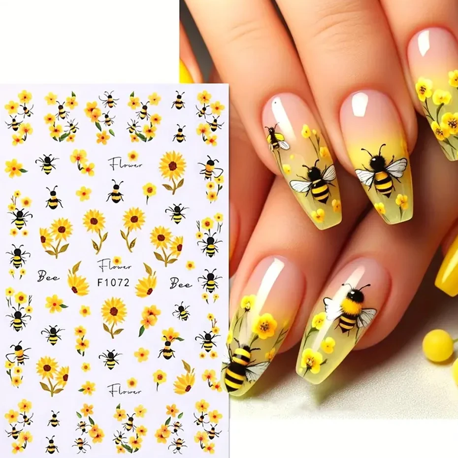 2pcs Sunflower Nail Art Sticker Yellow Flowers Bee Adhesive Decal French Stripe Line Star Manicure Slider