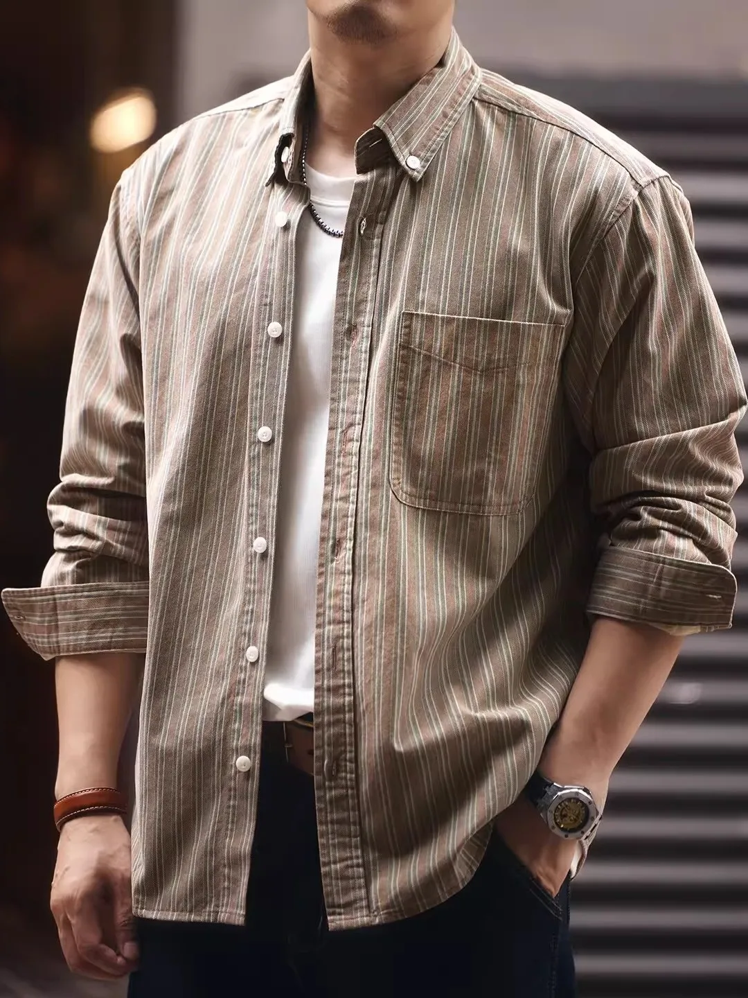 

Loose Fit Pure Cotton Long Sve Striped Men's irt American Retro Sle Spring Autumn New Arrival Casual Faion Outerwear