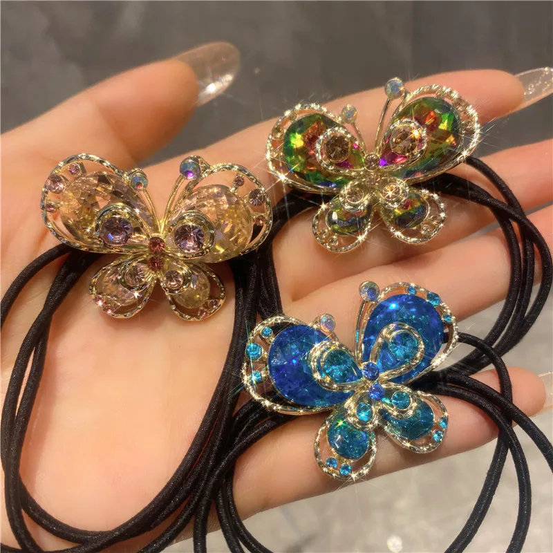 New Fashion Elastic Hair Bands  For Girl Women Ponytail Rubber Band Scrunchies Shining Butterfly Crystal Hair Rope Headdress