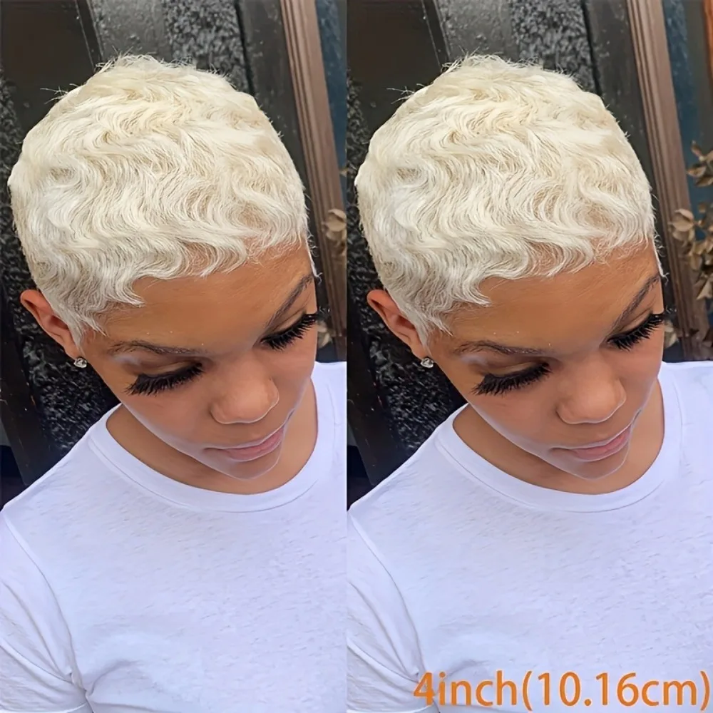 6-Inch Short Human Hair Wig with Bangs & Layered Pixie Cut Full machine made wig-Ocean Wave Texture, Natural Looking