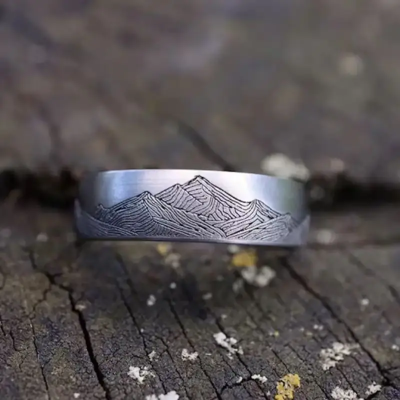 Vintage Mountain Print Men Women Stainless Steel Rings Unique Retro Punk Ring Party Personality Jewelry Gift Wholesale