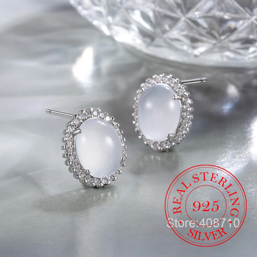 925 Sterling Silver Jewelry Elegant Vintage Crystal Oval Stud Earrings for Women Wedding Party Jewelry For Girls Friend Gift