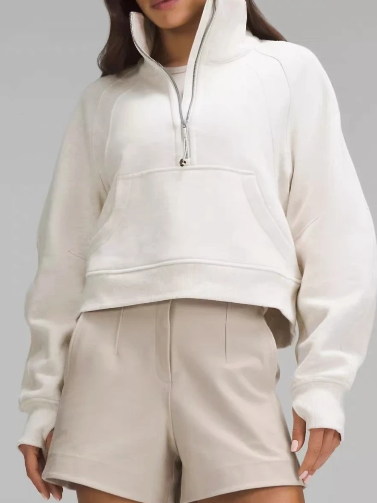 

LU Sweatshirt Women Autumn Half-zip Hooded Korean Fashion Casual Sporty Pullover Long Sleeve Top Solid Women's Hoodie High Neck
