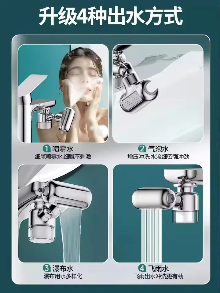 Metal Faucet Extender with Filter 1440° Rotation Tap Aerator Universal 4 Modes Splash Basin Swivel Robotic Arm Faucet Extension