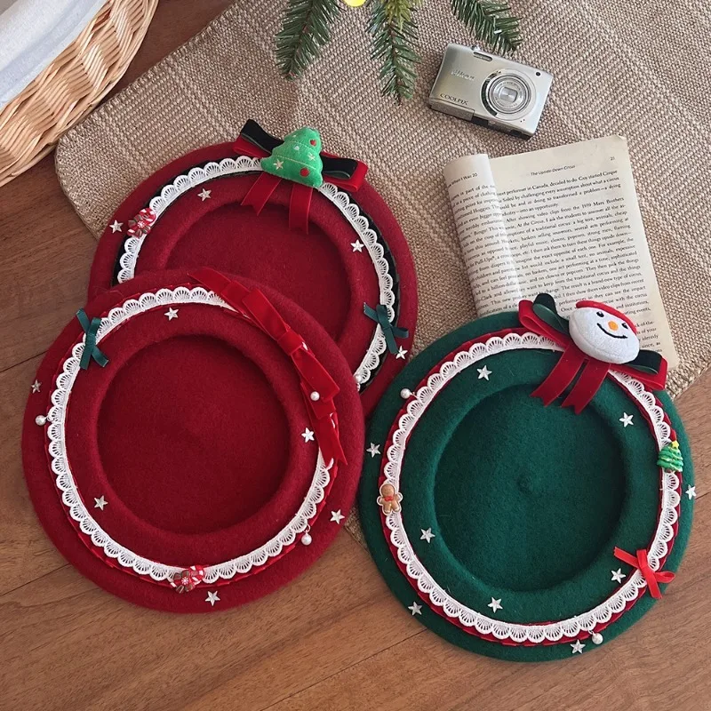 Women Christmas Wool Beret Hat Cute Snowman Xmas Tree Decor Bow Lace Star Warm Winter Cap for Holiday Party Photoshoot Gift