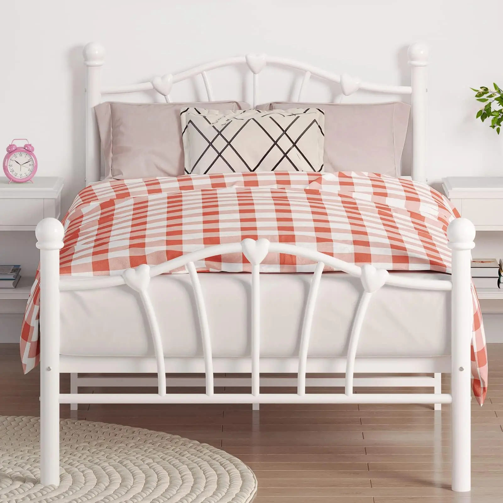 White Twin Bed Frame for Girls, Metal Twin Size Bed Frame with Sweet Heart-Shape Headboard and Footboard, No Box Spring Needed