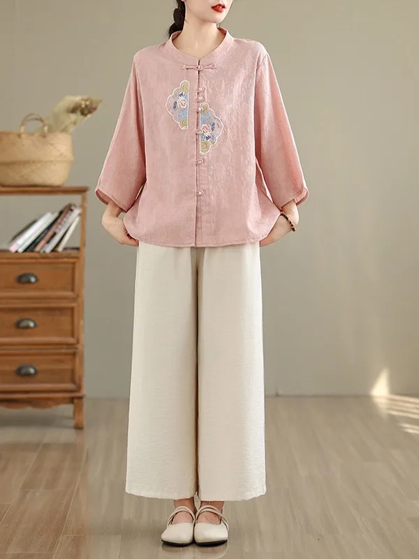 

Модный хлопковый льняной комплект из двух предметов с цветочной вышивкой 3/4 Sve irt и широкие брюки 9/0 для женщин, размер плюс