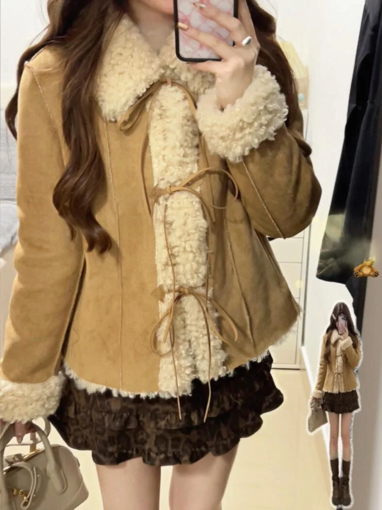 

Korean Style Sweet Velvet Narrative Curly Hair Collar Belted Fur Sheepskin Jacket Women's Winter Slimming Eco-friendly Leather