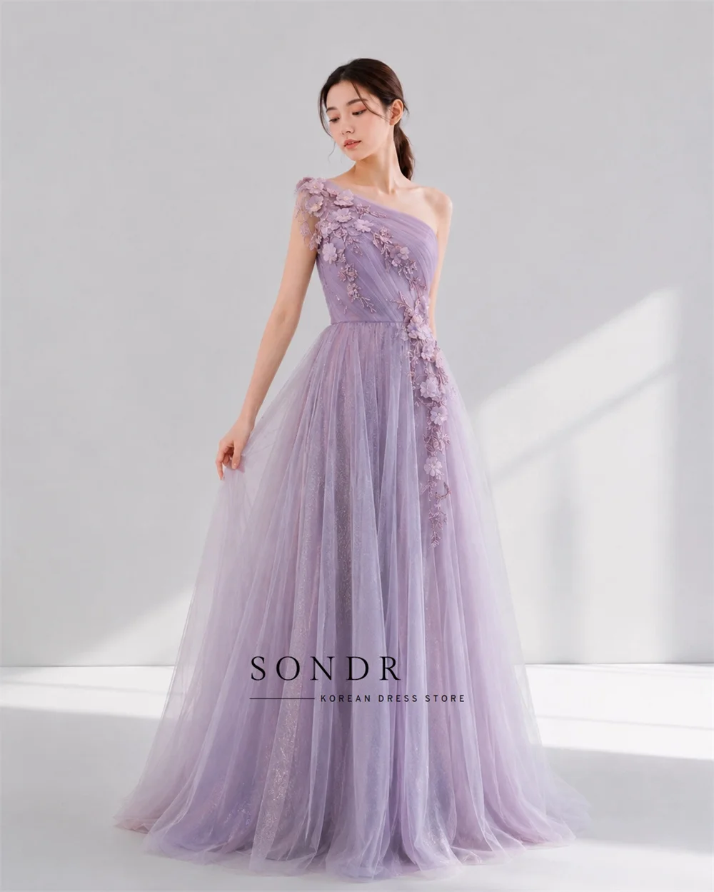 Sondr Purple One-Shoulder Luxury Floral Appliques Korean Evening Gown Soft Tulle Wedding Photography Dress Floor-Length Party