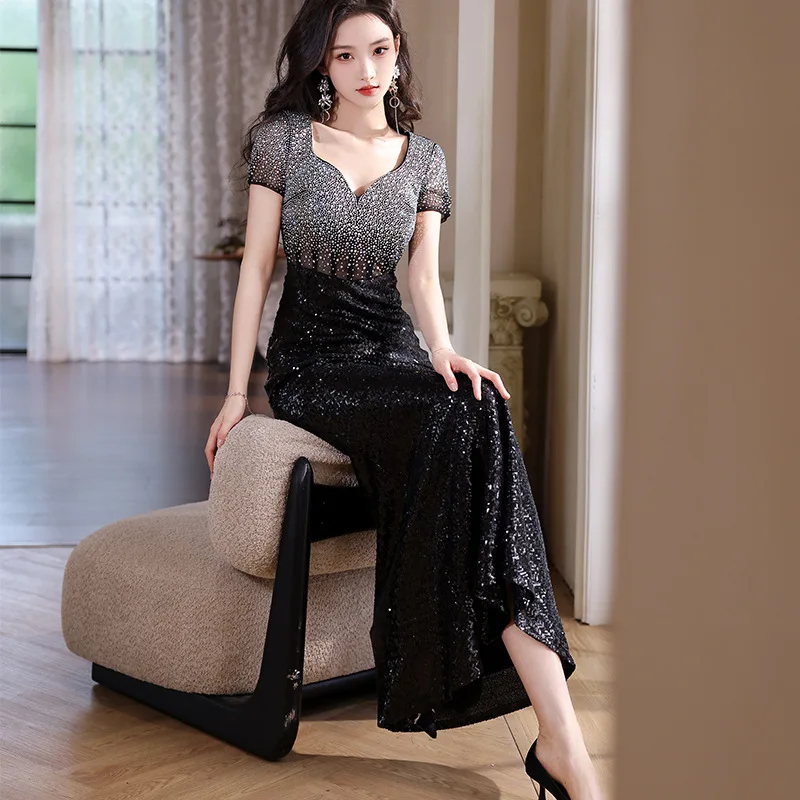 Black Ombre Sequin Mermaid Maxi Dress Sweetheart Short Sleeve Gradient Sparkle Bodycon Evening Gown Prom High Slit Prom Party