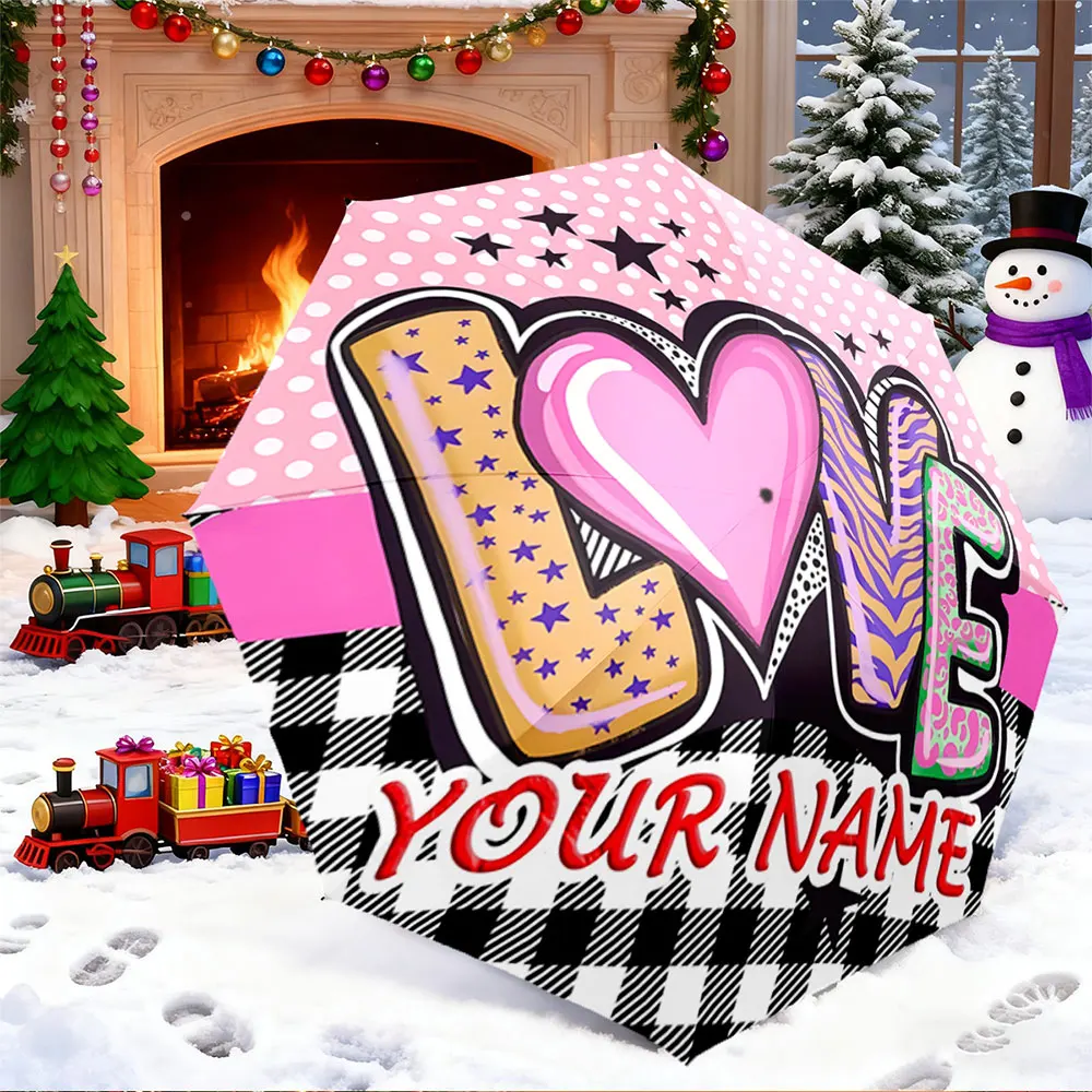 Custom Name Umbrella， Personalized Love Print Umbrella - Pink Heart and Bold Patterns,Portable Folding Umbrella, Christmas Gift