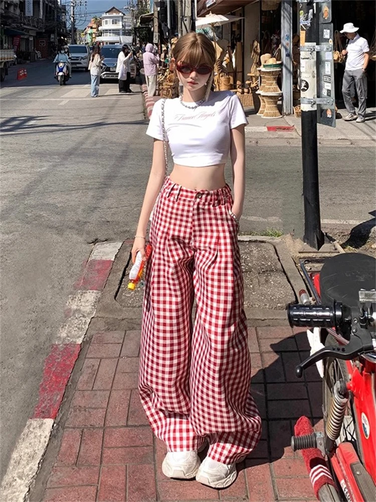 

Korean Style Red Lazy Plaid Pants Women's Spring New Sweet Girl Retro High Waist Casual Wide Leg Pants Women