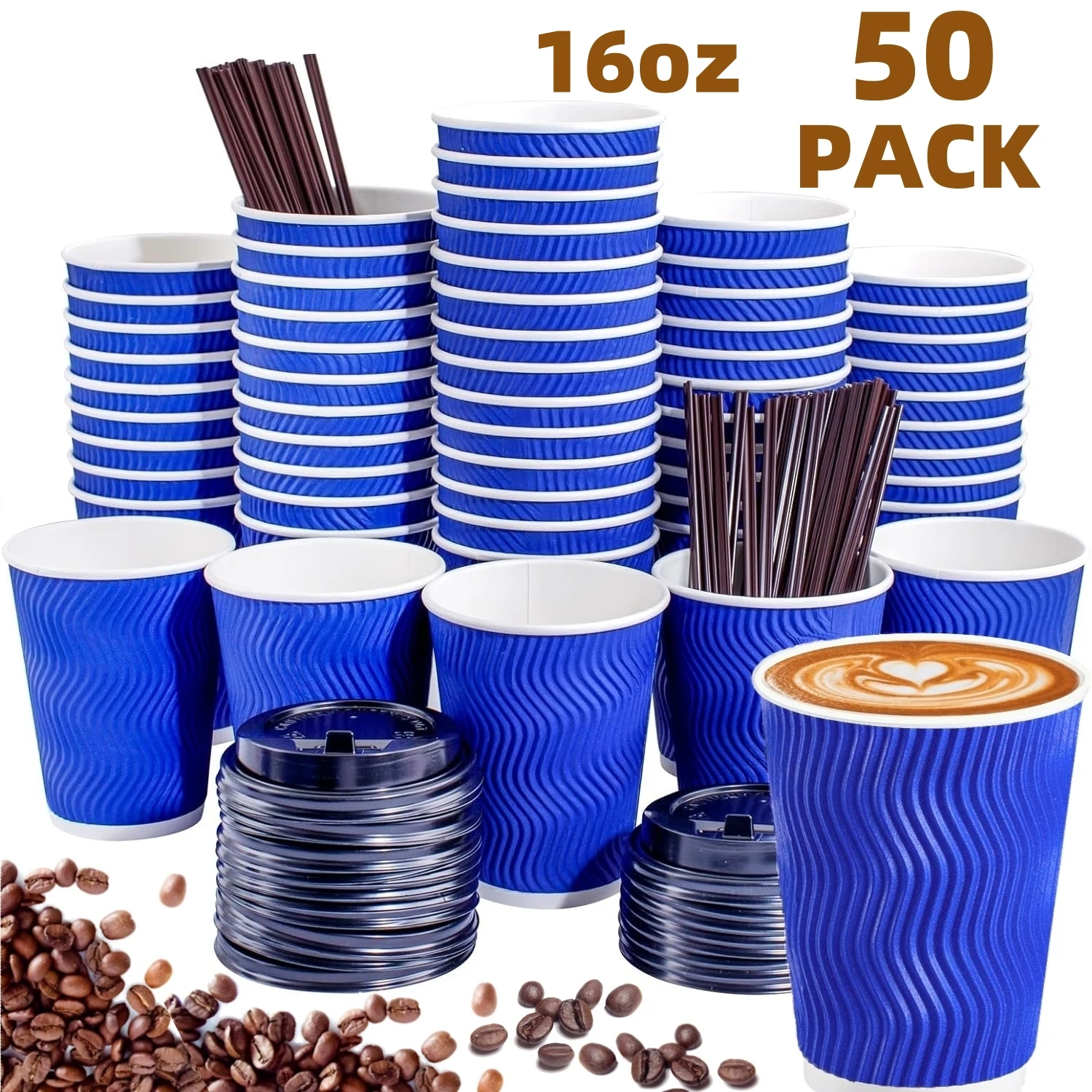 16oz 50 Packs Disposable Coffee Cups With Lid Straws Thick Corrugated Cups Milk Tea Takeaway Cups For Party Kitchen Accessaries