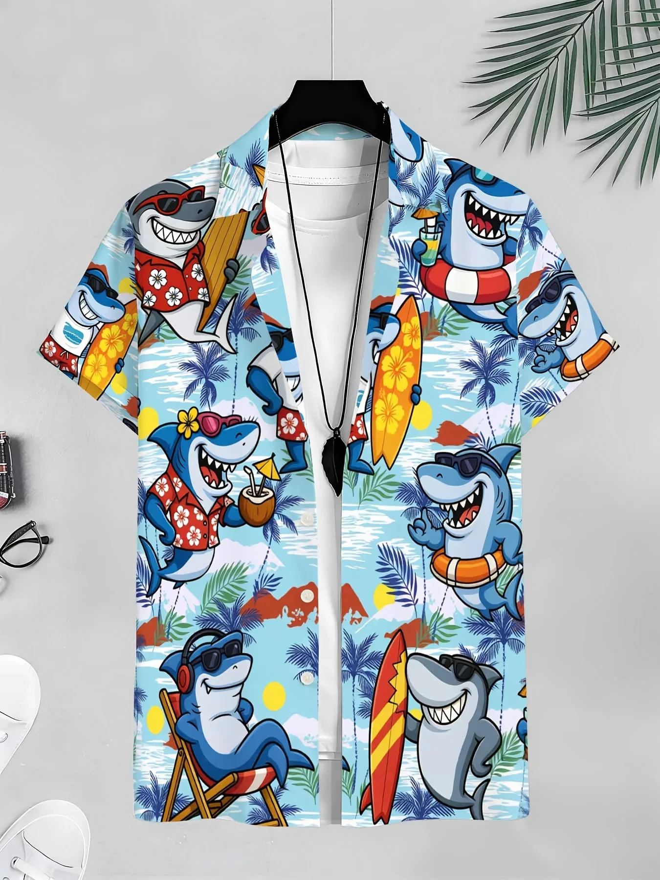Men Hawaiian Shirt Cartoon Shark Surfing Beach Vacation Print Short Sleeve Button Down Lapel Casual Holiday Beach Shirt