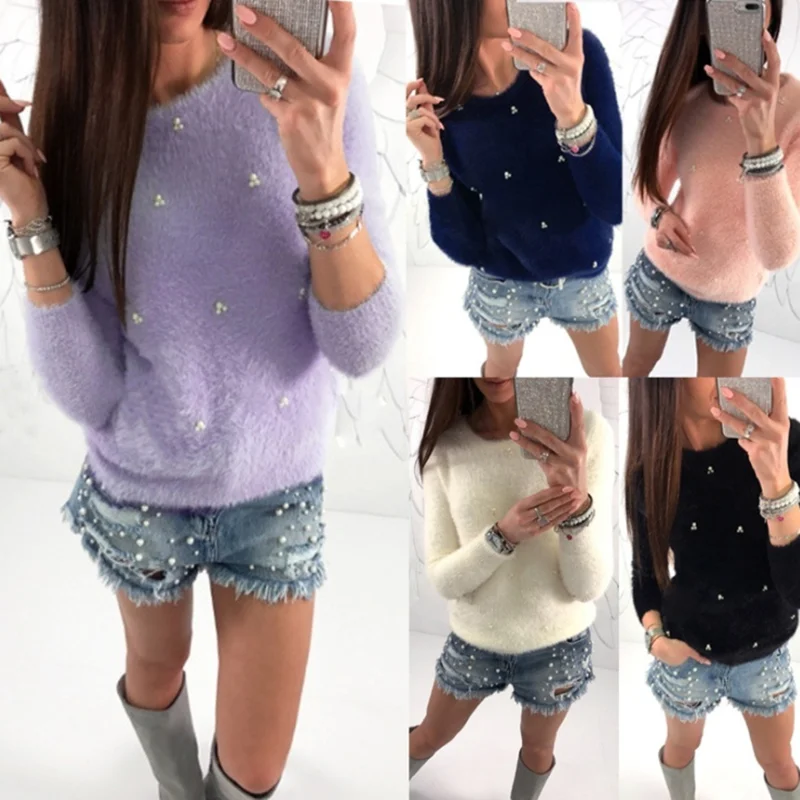 Bigsweety Women Plush Beading Sweater Autumn Winter 2022 Fashion Rabbit Fur O-Neck Long Sleeve Pullovers Pull Femme Hiver