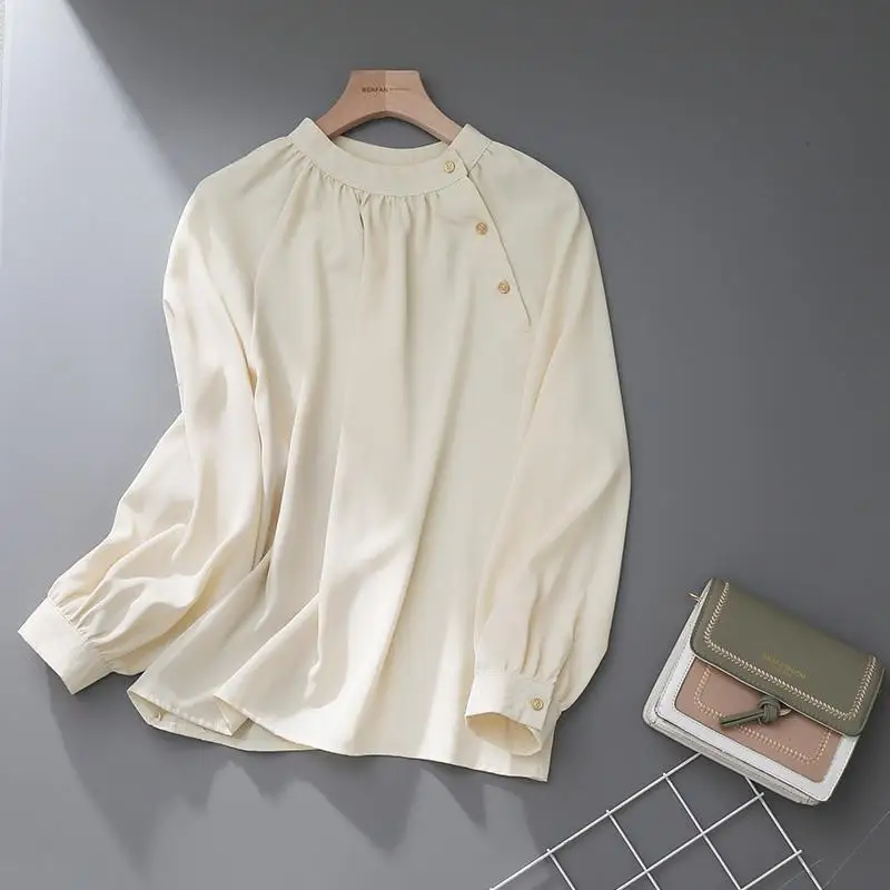 Diagonal buckle satin chiffon shirt for women 2022 Autumn New retro small stand collar design sense deli chic top