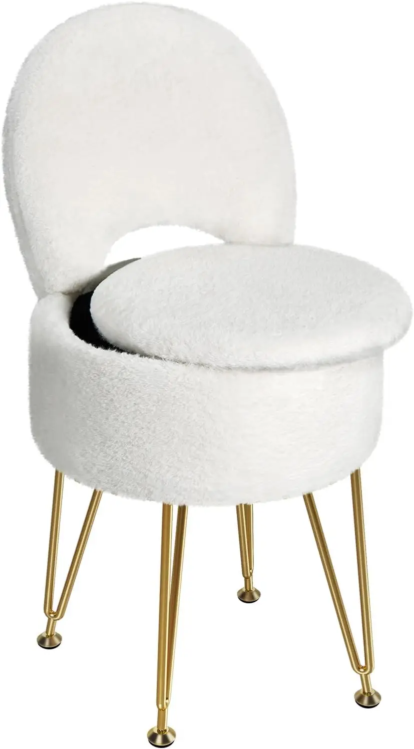 Small Dressing Stool Chair with Storage and Folding Backrest, 13‘ x 13’ x 17.7’ Faux Fur Soft Ottoman, White