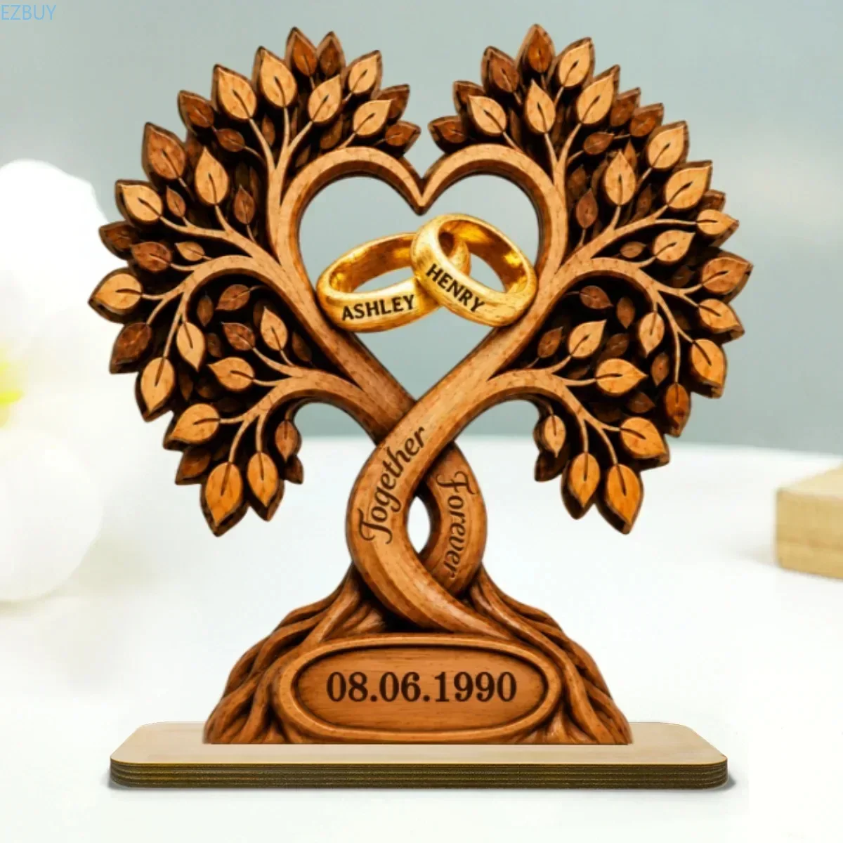 Flat Wooden Tree of Life Decor Custom Name Date Heart-Shaped Ring Holder Inch Wedding Anniversary Gift Home Decoration