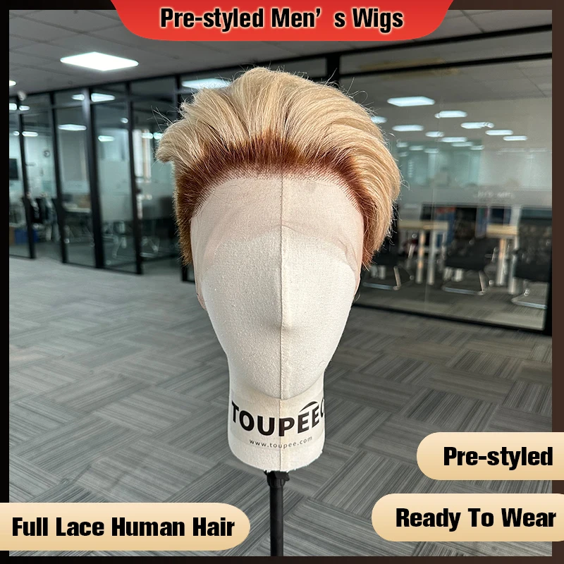 Blond Brown Men's Wig Transparent Lace Full Lace Human Hair Wigs Curly Short Wigs For Men 613 Color 100% Human Hair Men's Wig