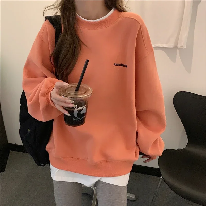 Orange Gray Sweatshirt Women M-XL Fake Two Piece Oversized Hoodie Female Loose Korean Fleece Letter Embroidery 2024 Streetwear