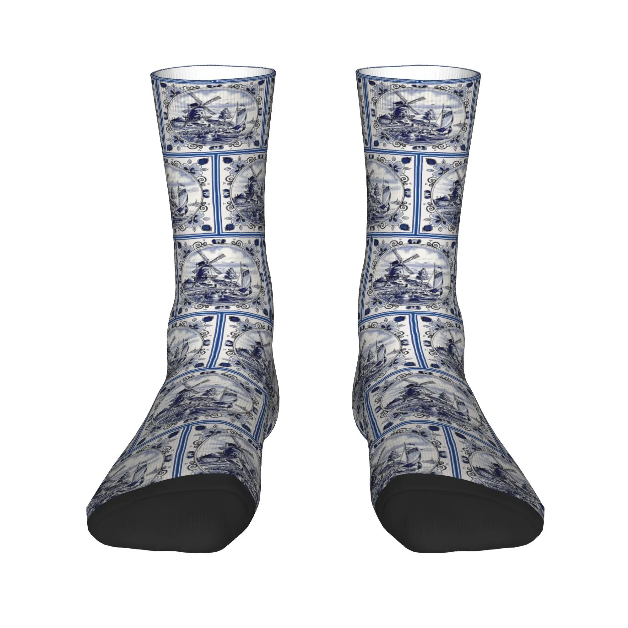 

Голландские синие Delft, винтажные носки с принтом ветряной мельницы, чулки высокого качества в стиле Харадзюку, всесезонные длинные носки, аксессуары для подарков унисекс