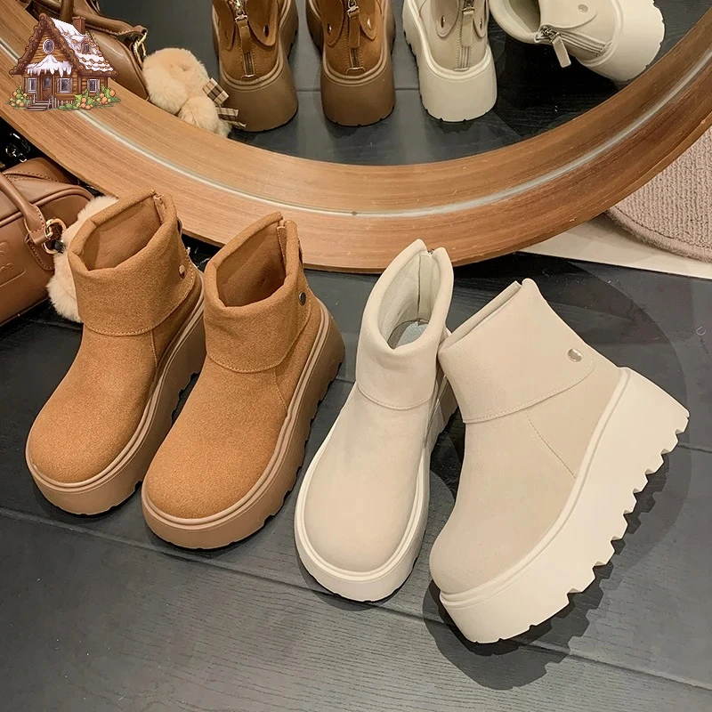 

Женские зимние ботинки, осенние новые замшевые ботинки на толстой подошве, коричневые длинные ботинки, высокие повседневные туфли, увеличивающие рост