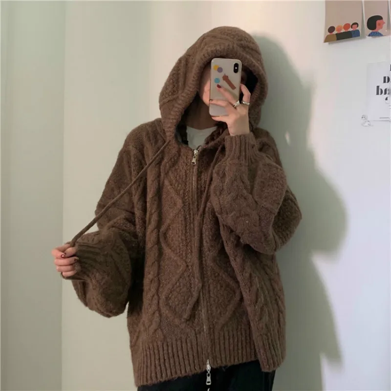 Women Autumn Winter Oversize Knitted Cardigan Casual 2023 Hooded Twist Sweater Zipper Long Sleeve Crochet Outerwear