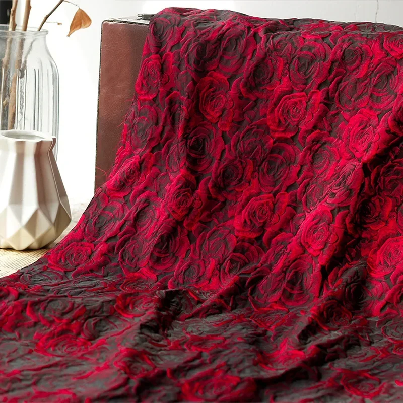 45cmx160cm Embossed Dark Red 3D Rose Jacquard Yarn Dyed Fabric for Women's Coat Dress Skirt Bag Decorative DIY Sewing Fabric