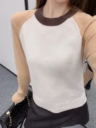 2024 Spring New Wool Blended Knitted Hoodie Women's Long Sleeve College Style Contrasting Color Jumping Shoulder Top Versatile