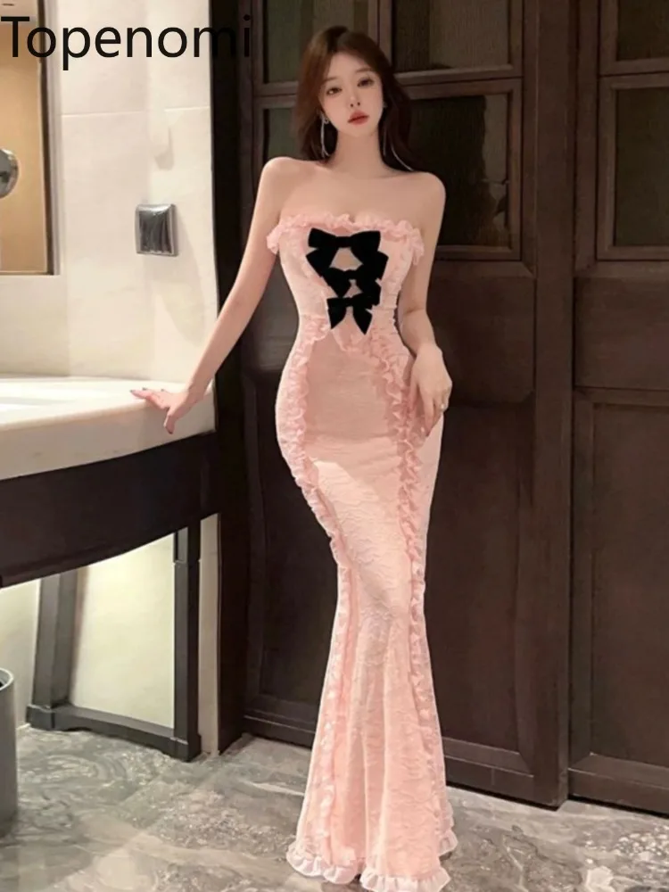 Topenomi Sweet One Shoulder Banquet Party Dress Women Bow Ruffled High Waist Slim Fit Lace Fishtail Long Prom Evening Dresses