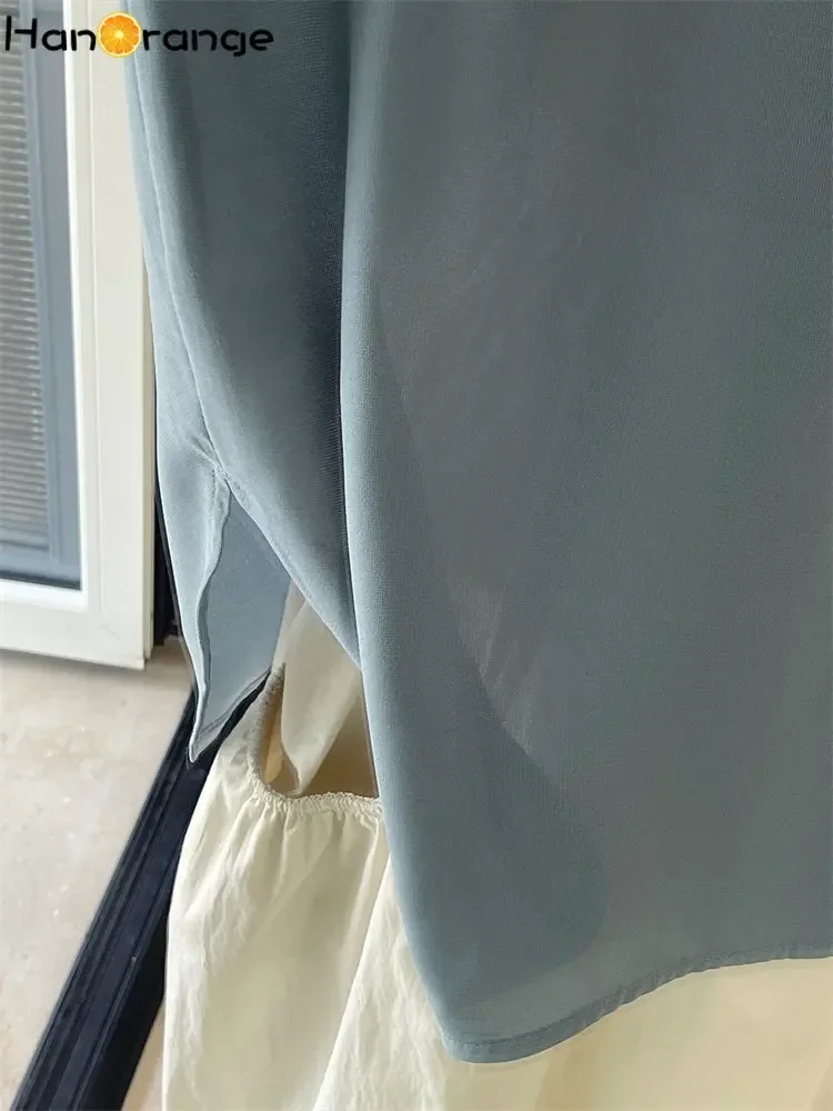HanOrange 2025 Summer Slightly Transparent Lantern Sleeves Shirt Women Loose Mesh Thin Top Turquoise Green/Light Gray Powder