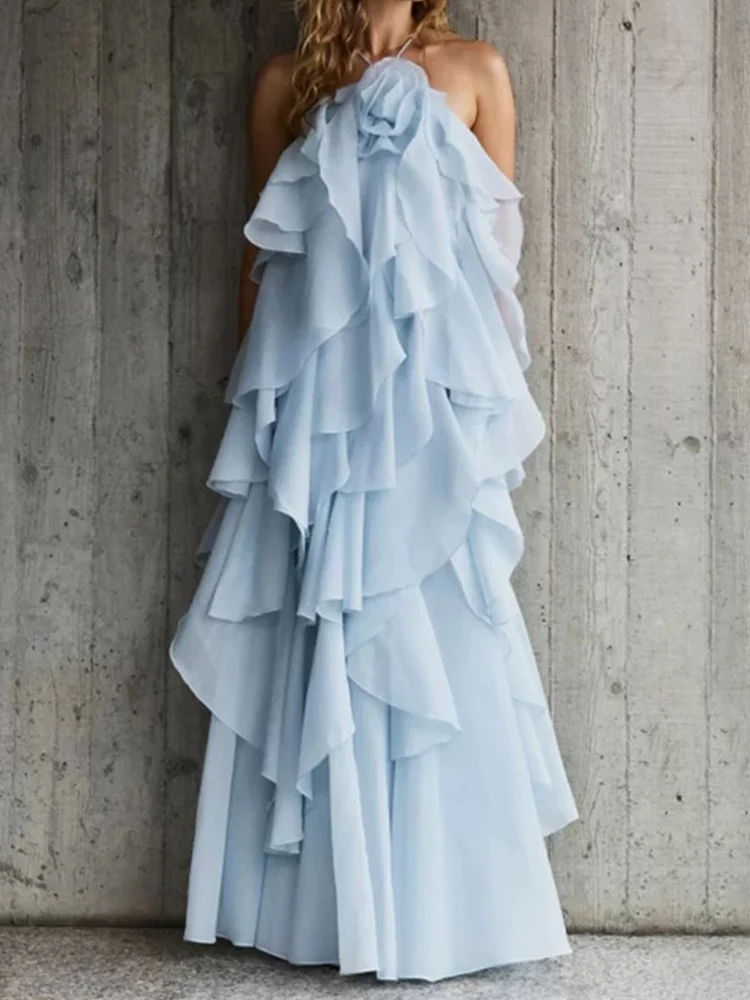 Temperamentnähte Rüschenkleid 2025, Sommerfrauen neues dreidimensionales Blumenkleid mit hängendem Hals, rückenfreiem Rüschenkleid