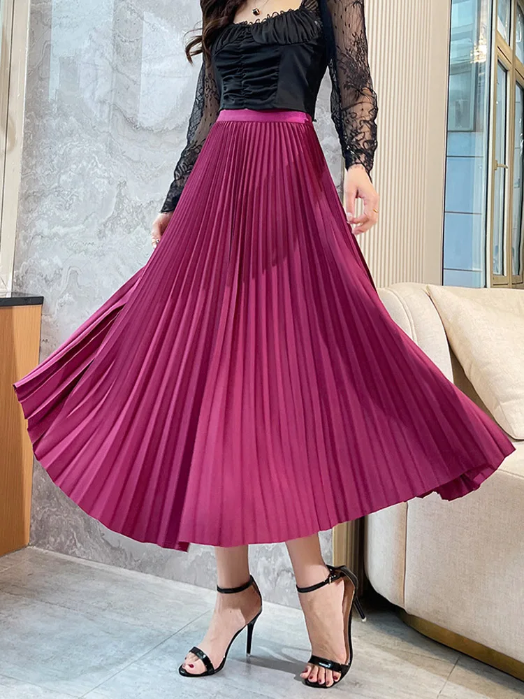 Purple/Black Pleated Midi Skirt for Women 2022 New Spring Summer Elegant Fashion Long Skirt Female Office Ladies All-match Skirt